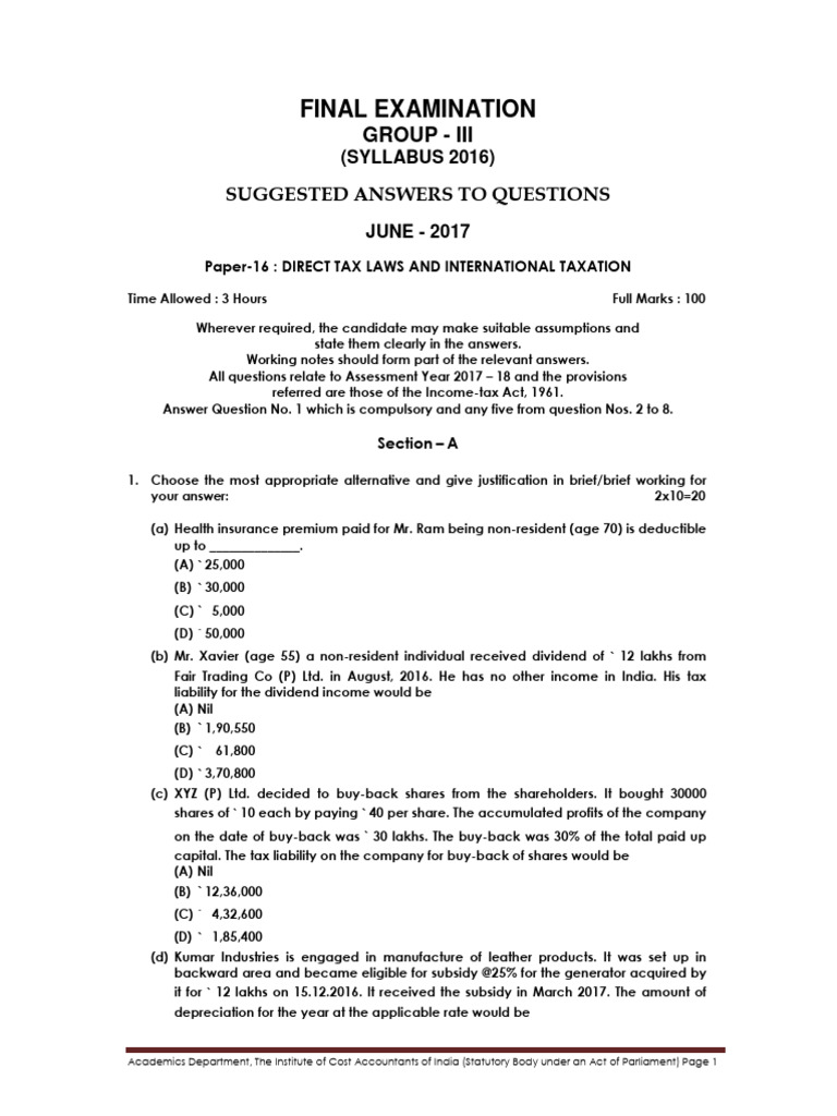 Direct Tax Laws June 2017 Exam Answers | PDF | Taxes | Tax Deduction