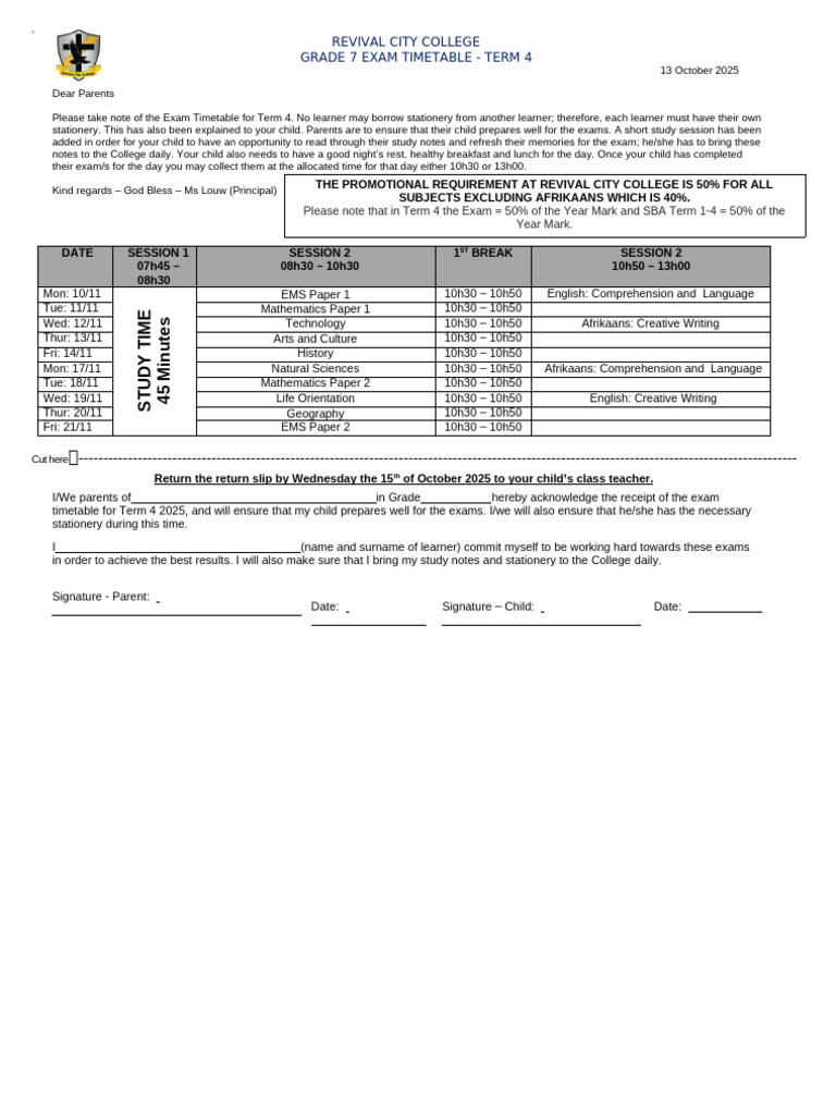 Grade 7 Term 4 Exam Timetable 2025 | PDF