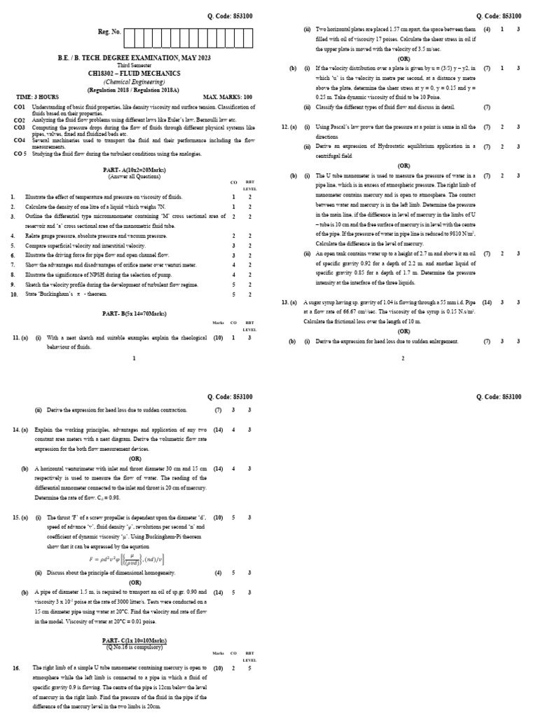 Fluid Mechanics Exam Paper May 2023 | PDF | Fluid Mechanics | Pressure ...