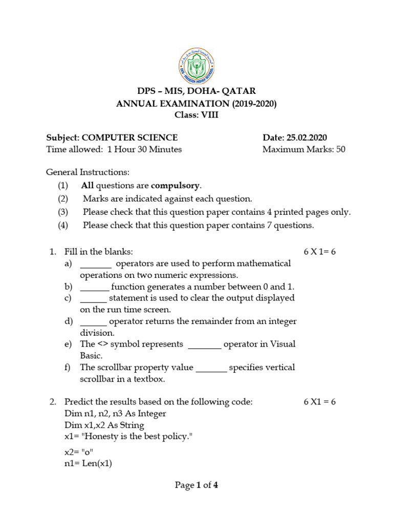 Class VIII Computer Science Exam 2019-20 | PDF | Data Type | Computer ...