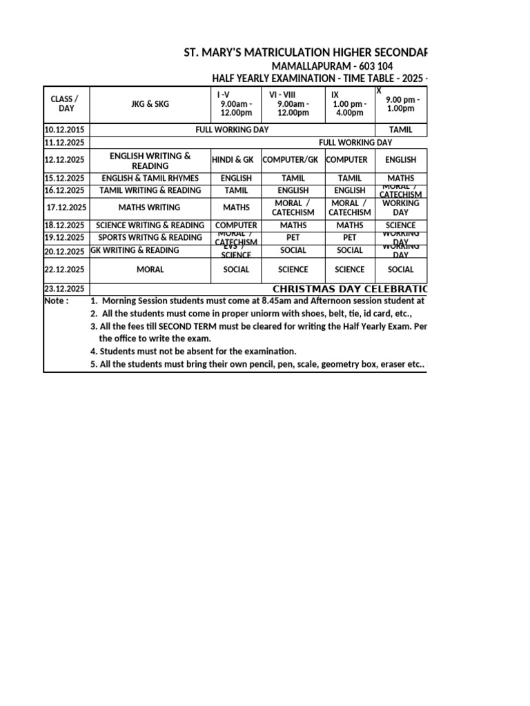 St. Mary's Half Yearly Exam Timetable 2025 | PDF