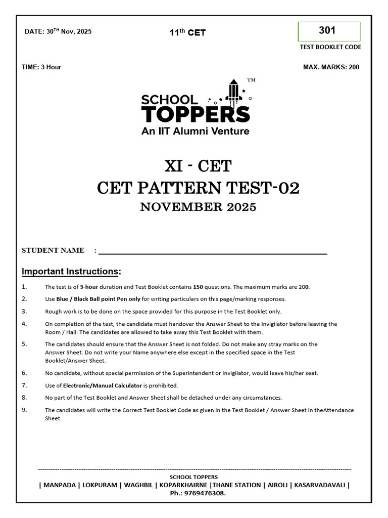 11th CET Physics Test Booklet 2025 | PDF | Chemical Bond | Molecular ...