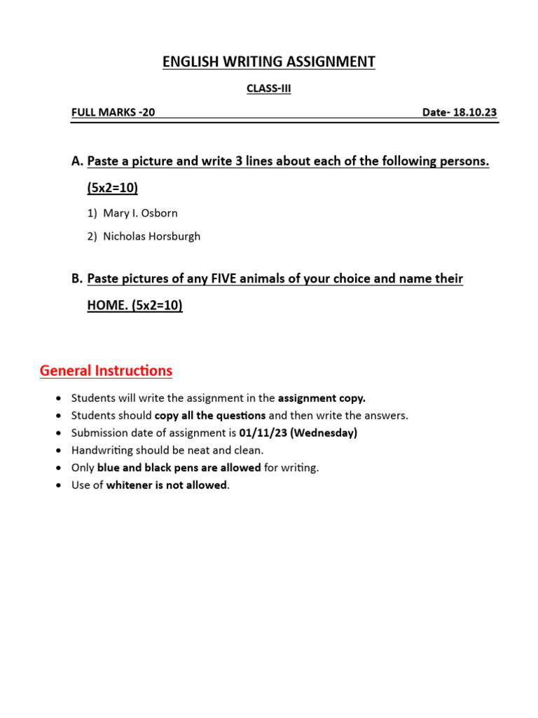Cls 3a English Assignment-1 | PDF