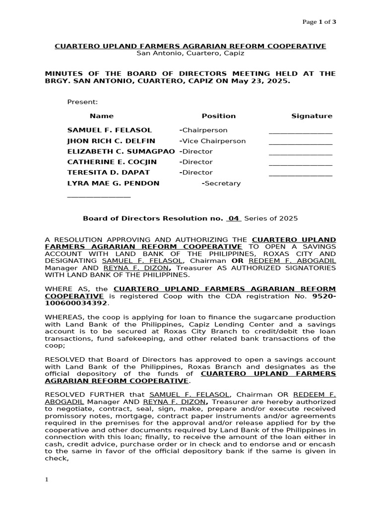 Resolutions Opening of Account at LBP Roxas Branch Blank | PDF | Banks ...