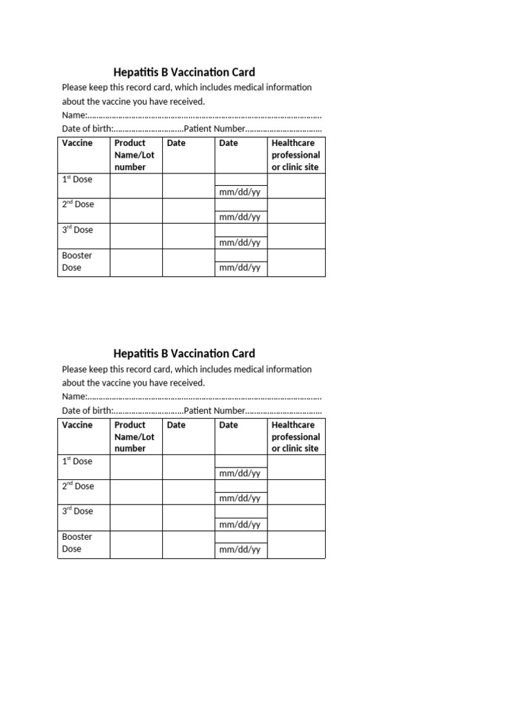 Hepatitis B Vaccination Record Card | PDF