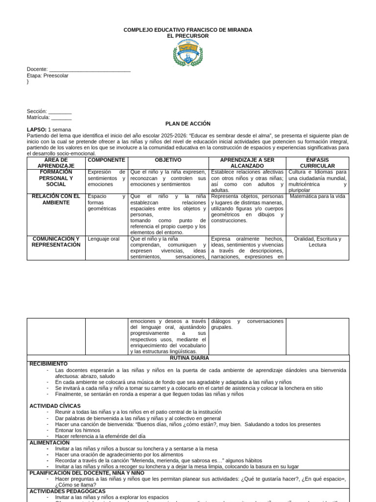 Plan de Acción Preescolar 2025-2026 | PDF | Educación de la primera ...