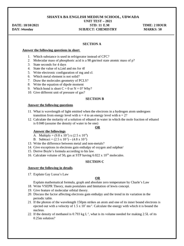 Shanta Ba English Medium School STD 11 Chem | PDF | Energy Level ...