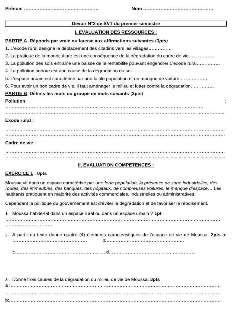 Devoir SVT : Exode rural et pollution | PDF | Environnement naturel