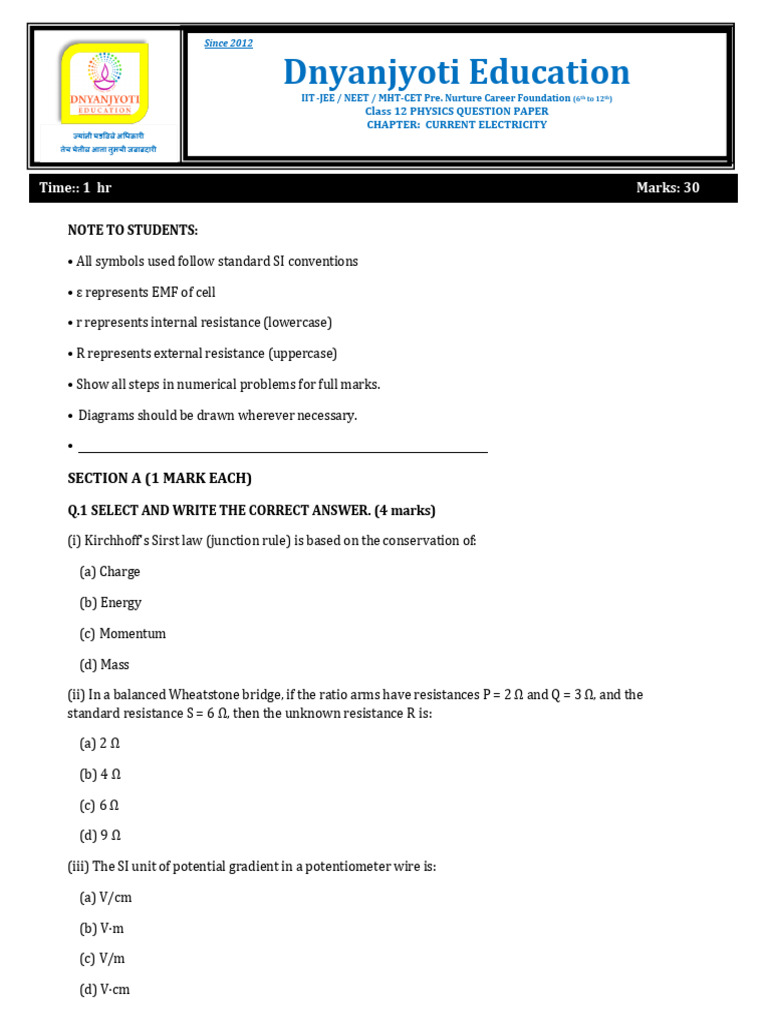 Class 12 Physics Current Electricity Exam | PDF | Series And Parallel ...