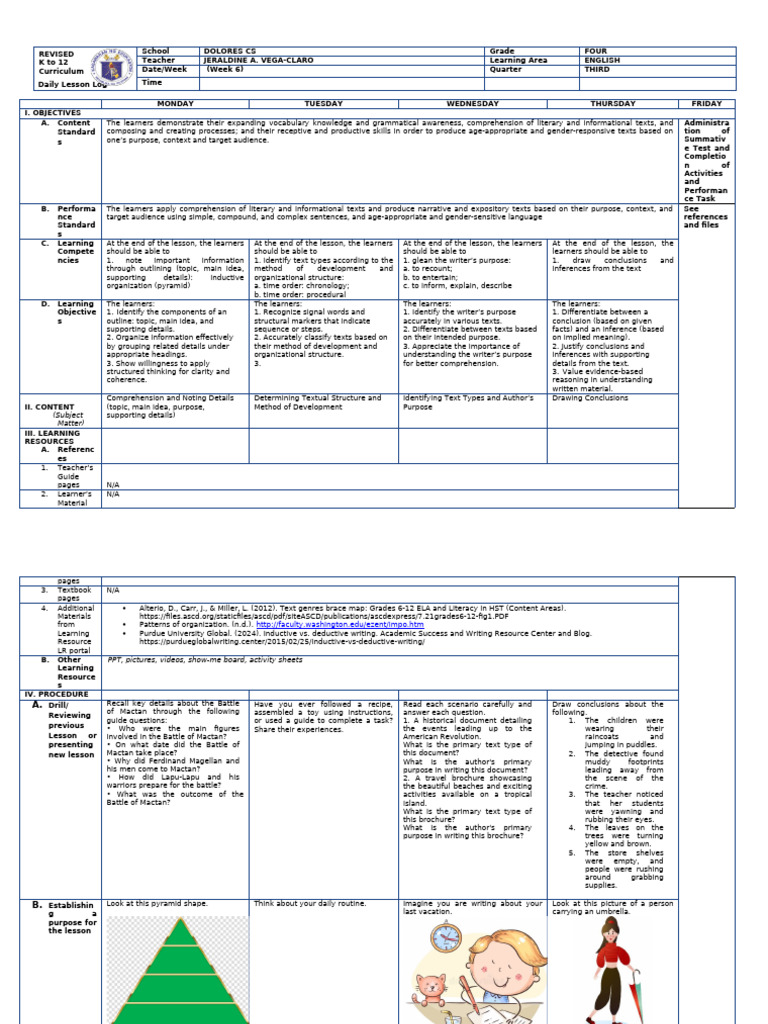 Grade 4 English Lesson Plan: Week 6 | PDF | Reading Comprehension