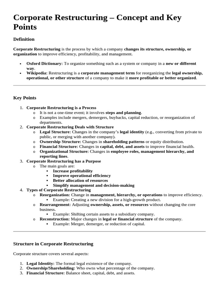 Corporate Restructuring: Key Concepts & Benefits | PDF | Corporate Law ...