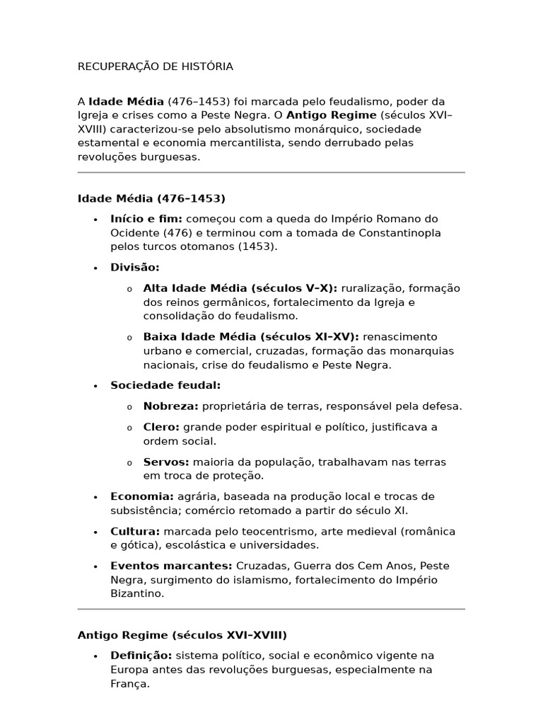 História: Idade Média ao Brasil Colônia | PDF | Iluminismo | Feudalismo
