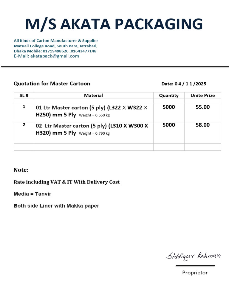 Master Carton Quotation from Akata Packaging | PDF