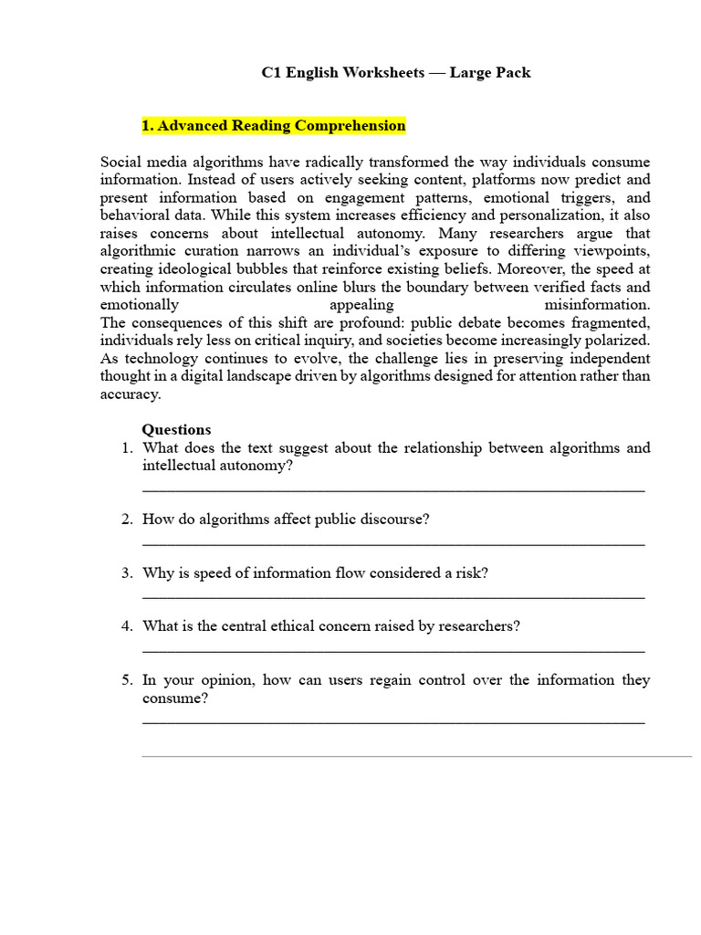 C1 English Worksheets. 16 Parts | PDF | Human Communication
