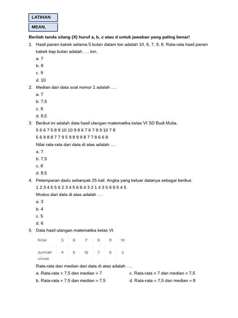 Soal Rata-rata, Median, dan Modus Matematika | PDF