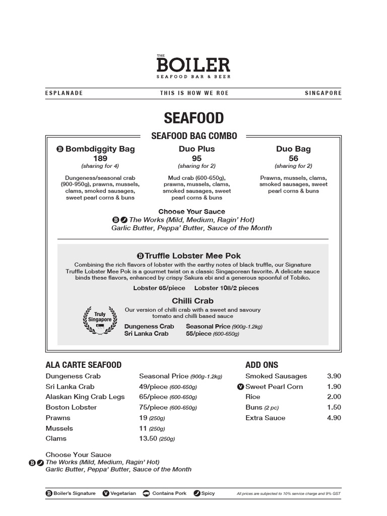 Seafood Menu at The Boiler Singapore | PDF | Wine | Cajun Cuisine