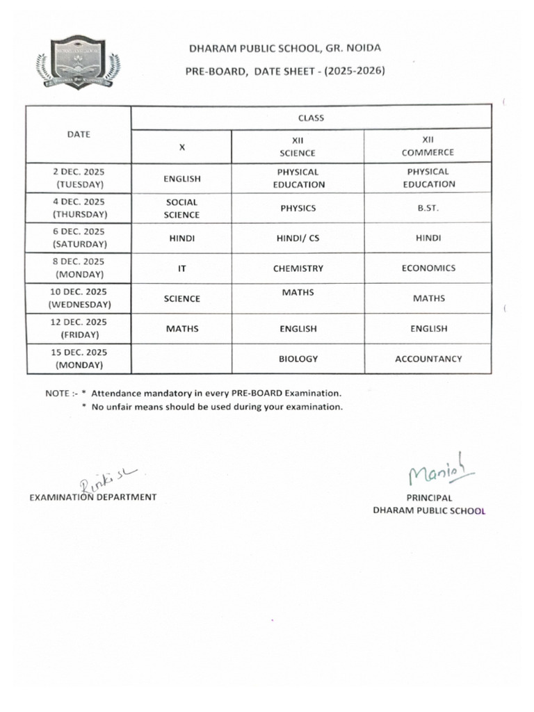 Pre Board Datesheet Class x & Xii | PDF