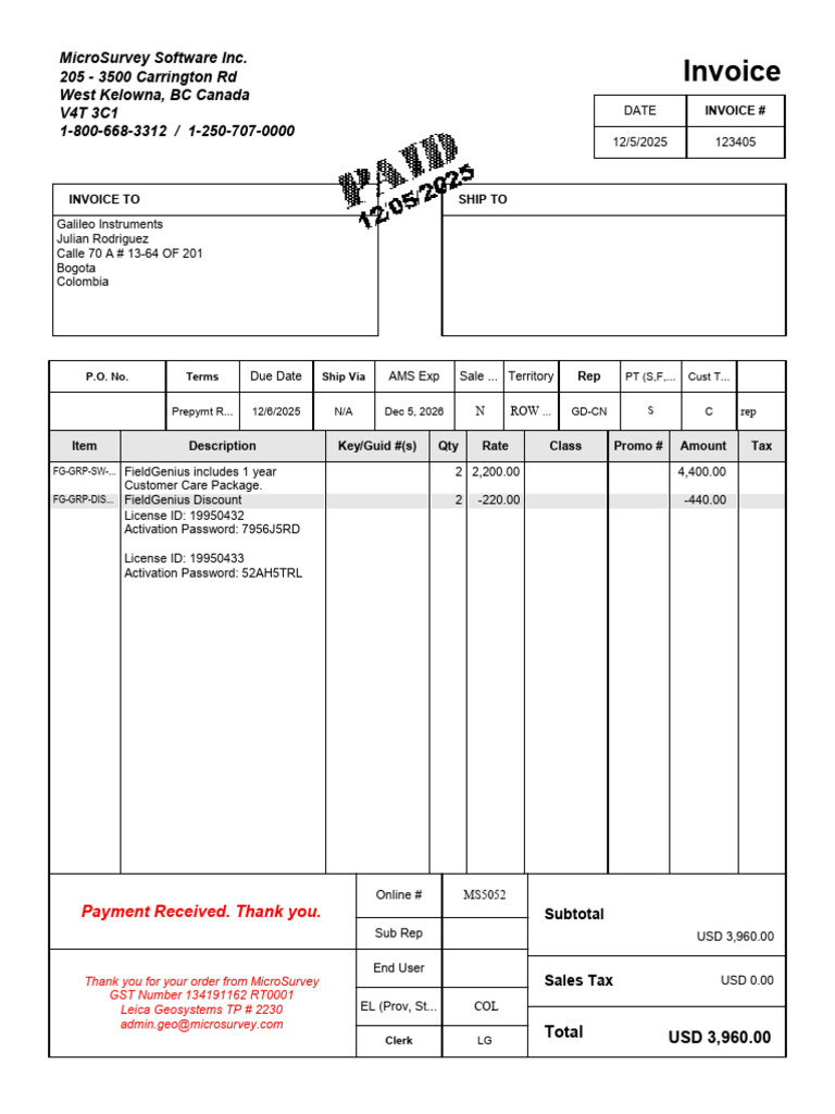 Invoice for Galileo Instruments Purchase | PDF | Payments