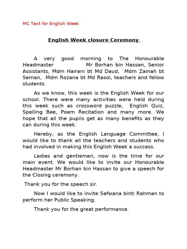 Eks MC for English Week CLOSURE | PDF