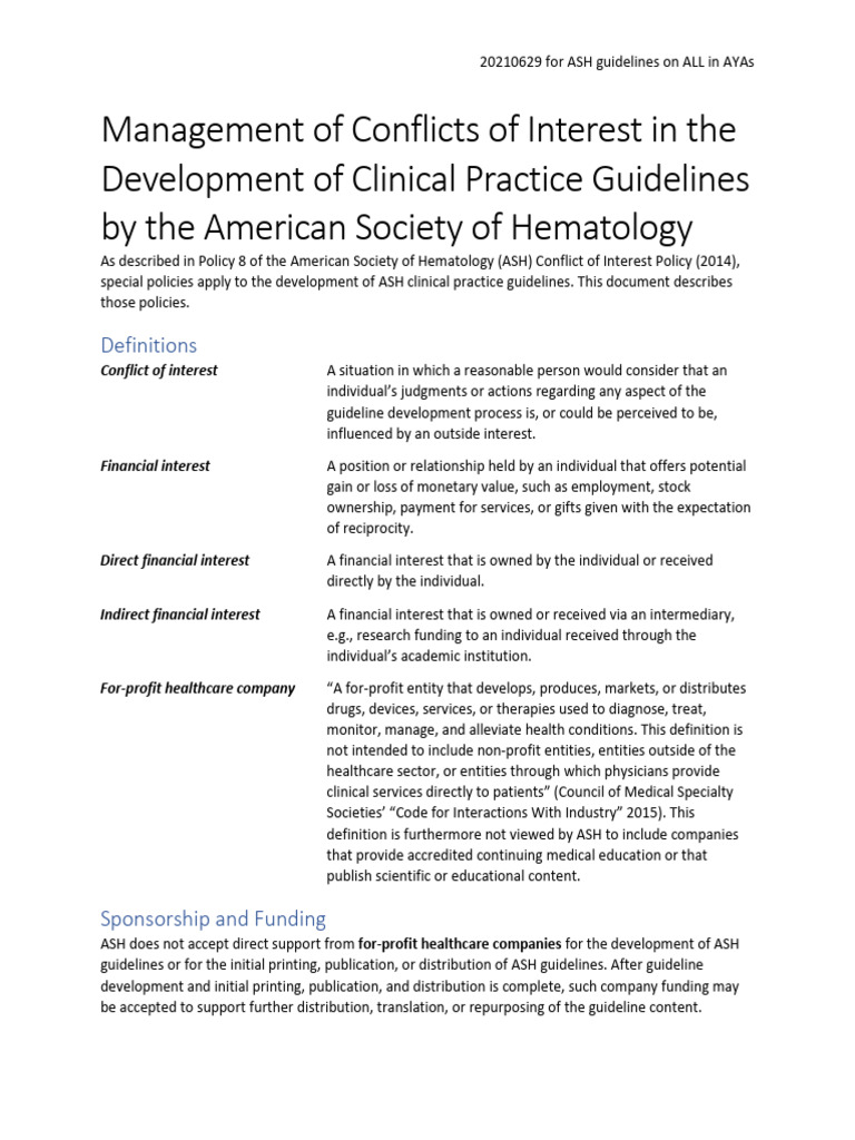 COI Policy For ASH Guidelines On ALL in AYAs | PDF | Medicine ...