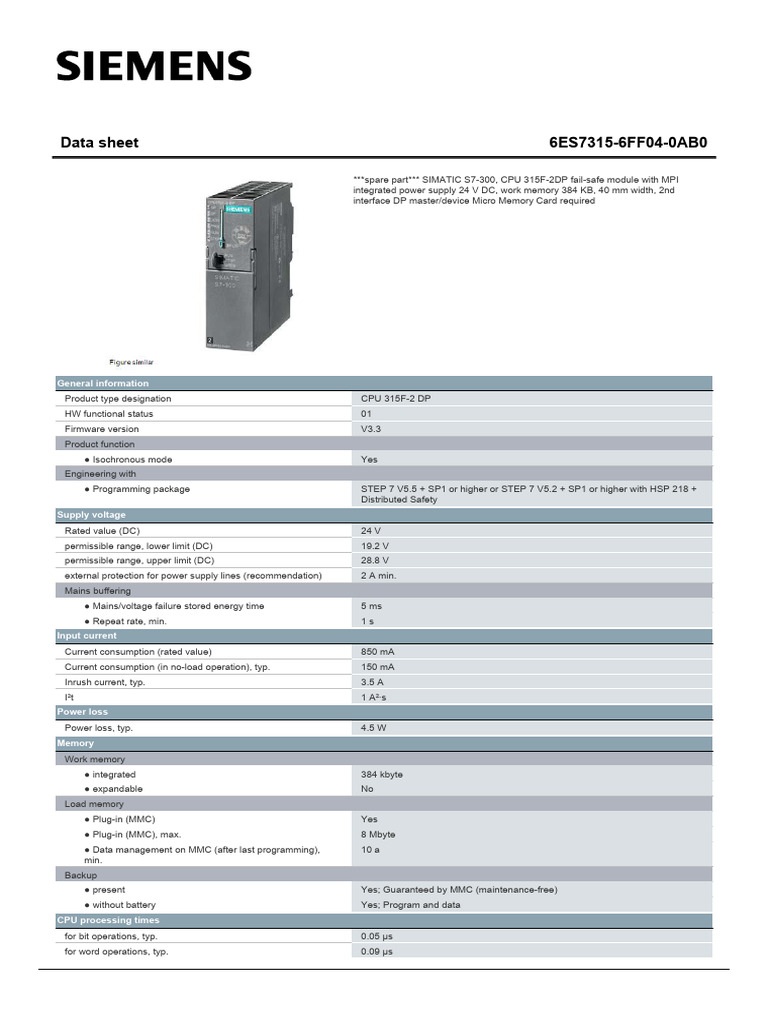 SIMATIC S7-300 CPU 315F-2DP Data Sheet | PDF | Bit Rate | Byte