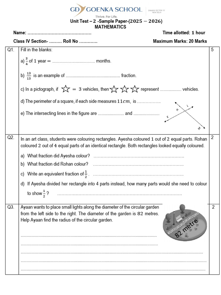 Class IV Mathematics Unit Test 2025-26 | PDF