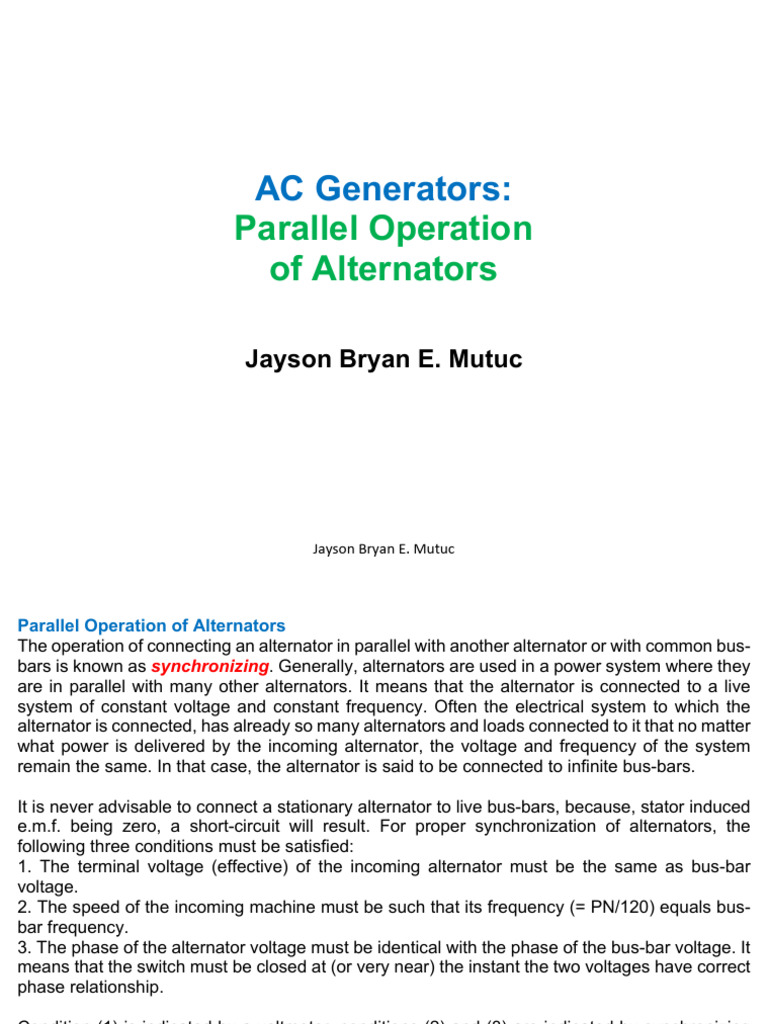 Parallel Operation of Alternators Guide | PDF | Electric Generator ...