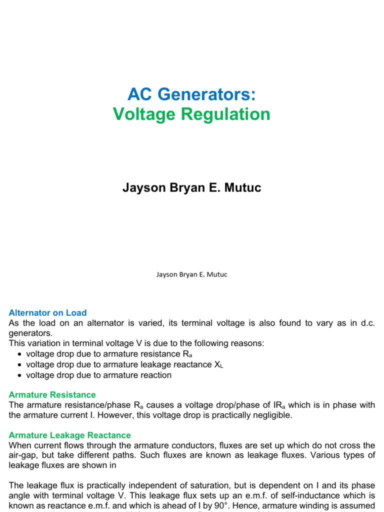 AC Generators Voltage Regulation Explained | PDF | Electrical Impedance ...