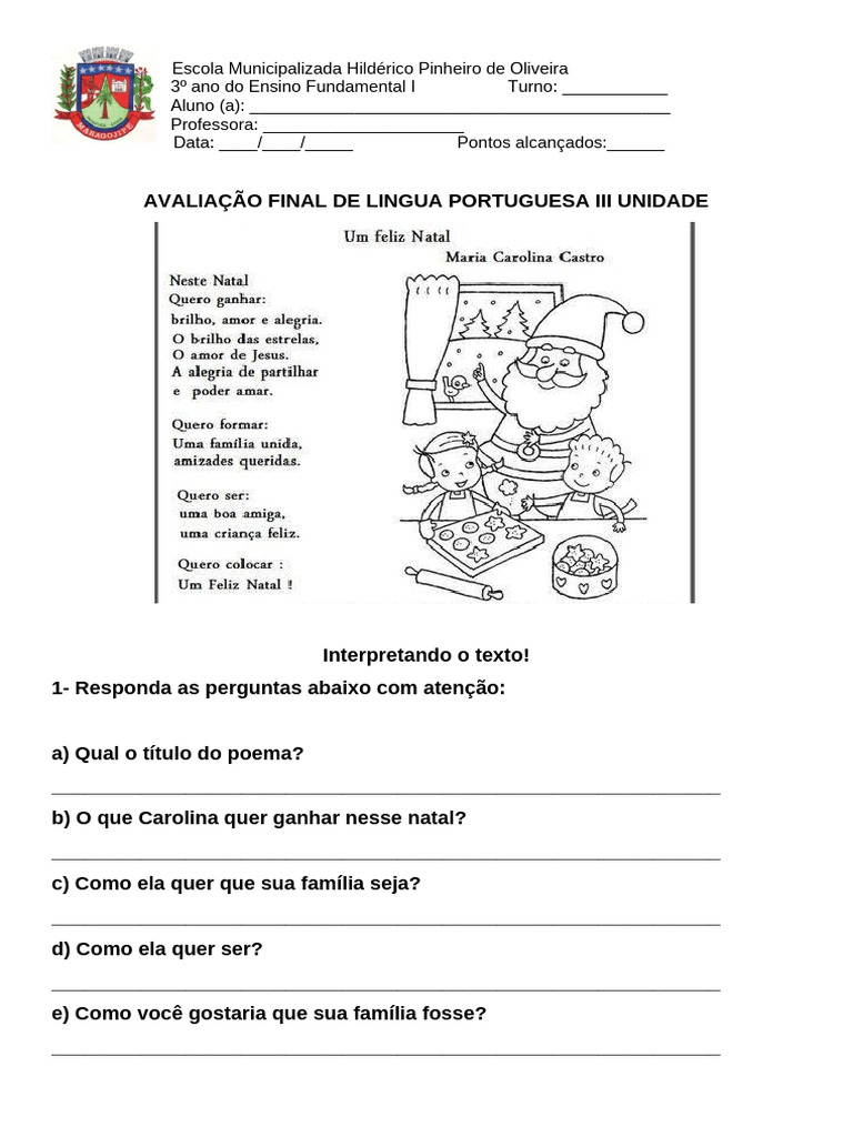 Avaliação de Língua Portuguesa 3º Ano | PDF | Famílias linguísticas