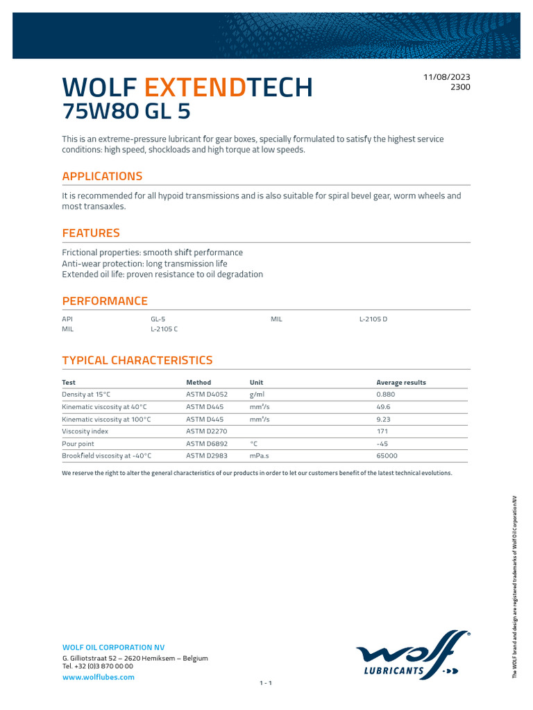 WOLF EXTENDTECH 75W80 GL-5 Gear Oil | PDF