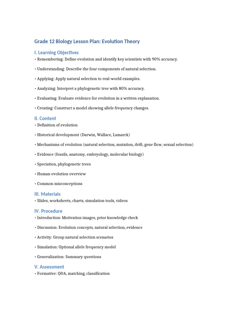 Grade 12 Evolution Theory Lesson Plan | PDF