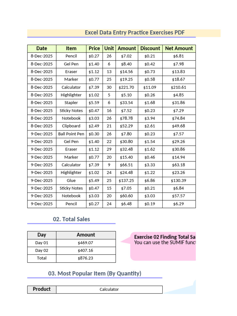 Excel Data Entry Exercises PDF | PDF | Revenue | Taxes