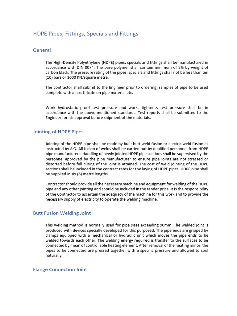 HDPE Pipes and Fittings Specifications | PDF | Pipe (Fluid Conveyance ...
