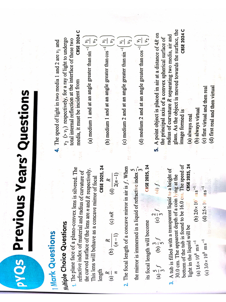 PYQ Ray Optics Class 12th | PDF | Optics | Electromagnetic Radiation