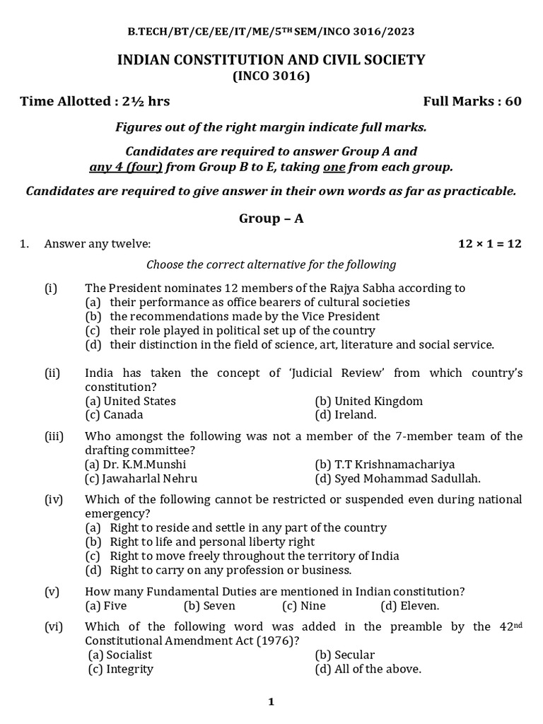 Indian Constitution Exam Guide INCO 3016 | PDF | Constitution ...