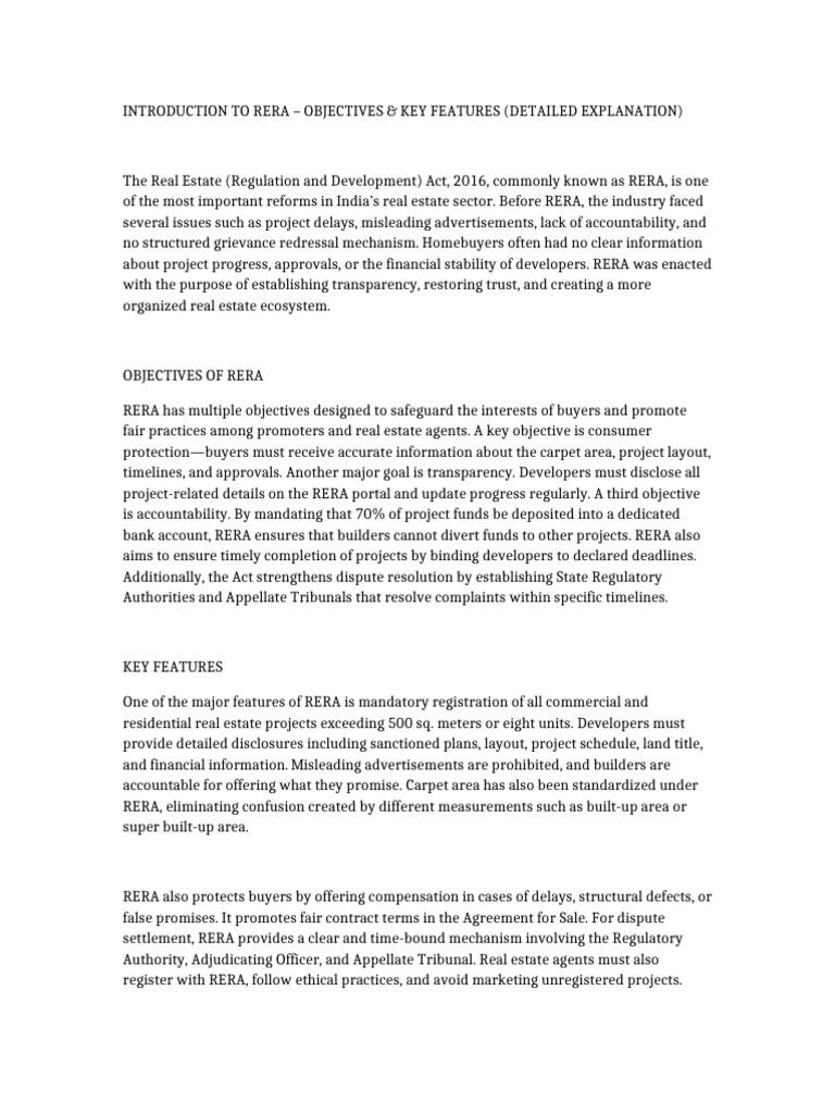 RERA: Objectives & Key Features Explained | PDF