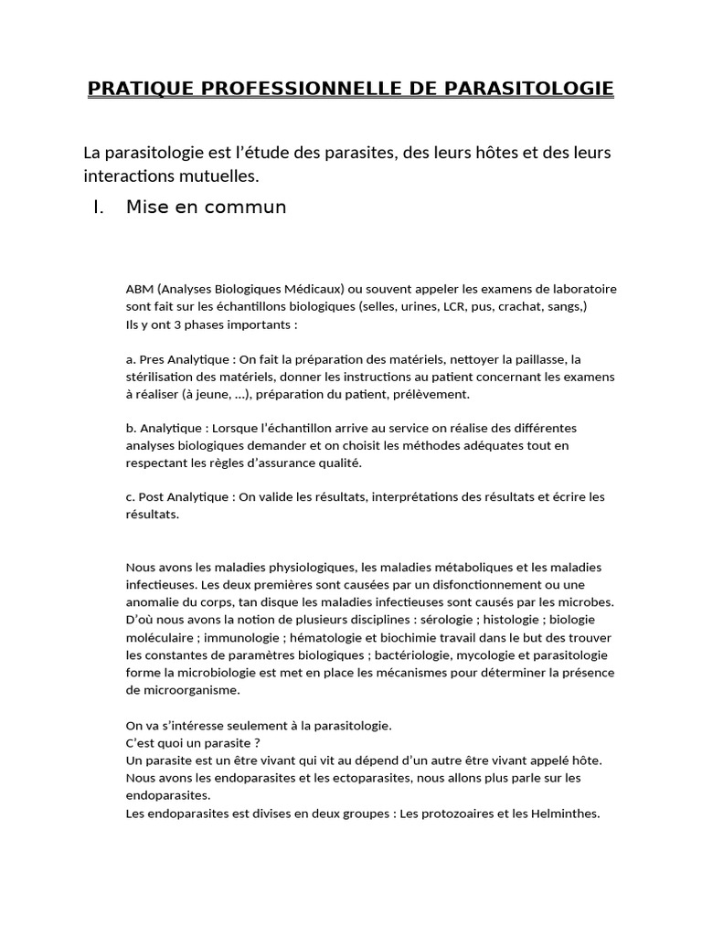 Pratique de la Parasitologie en Laboratoire | PDF | Parasitologie | Urine