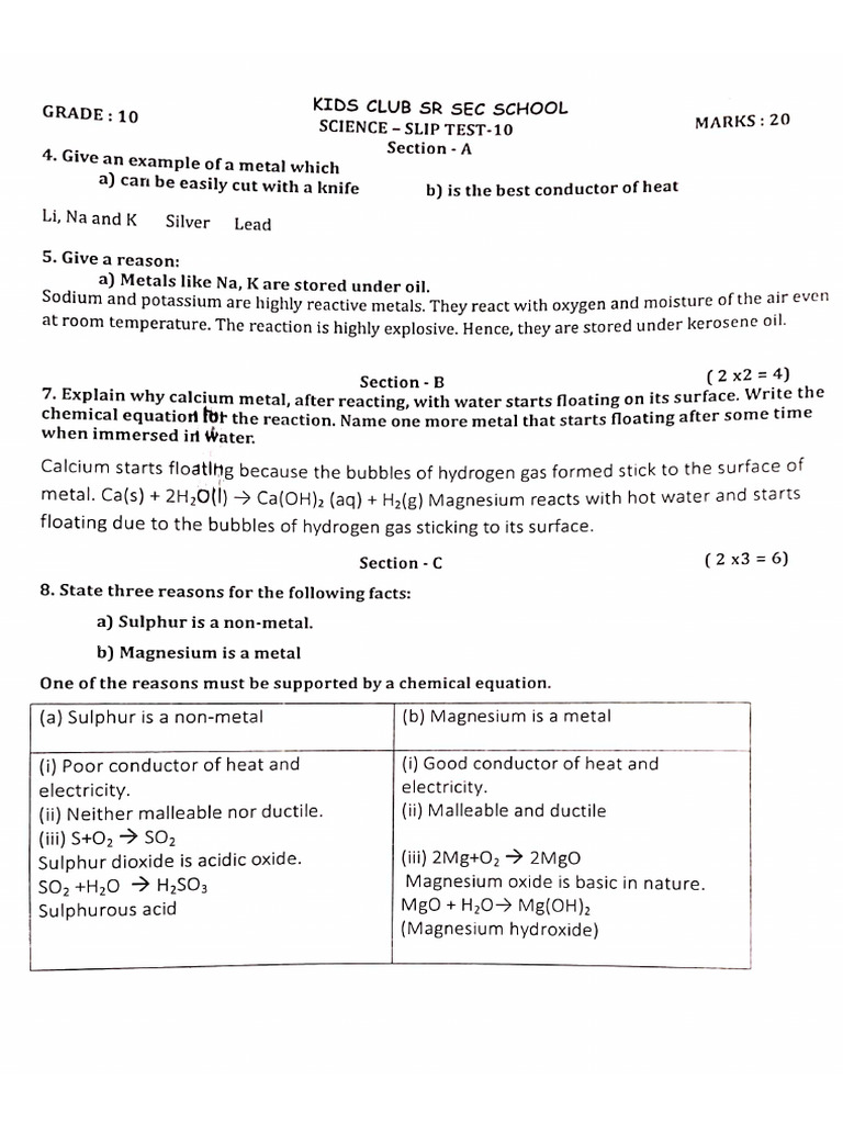 Chemistry Slip Test 10 Answer Key | PDF