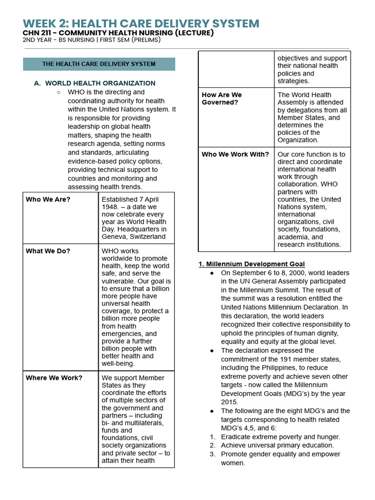 WEEK 2_ HEALTH CARE DELIVERY SYSTEM | PDF | Millennium Development ...