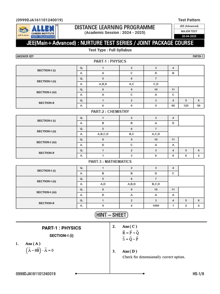 JEE Advanced 2025 Major Test Answer Key | PDF | Physical Sciences ...