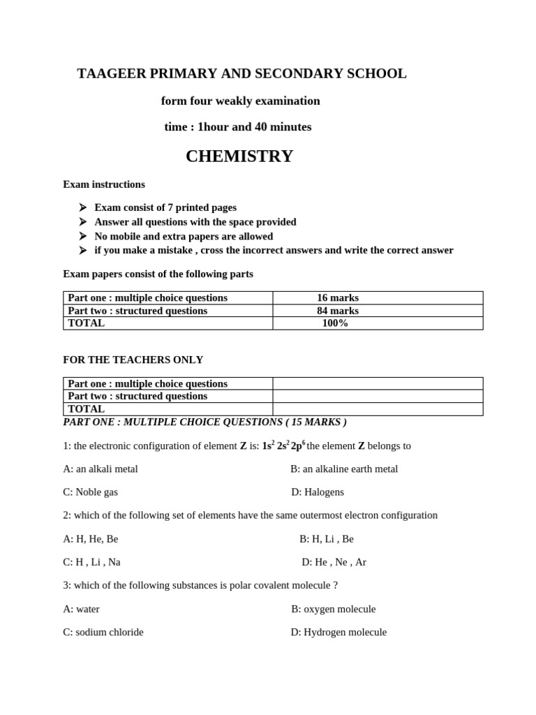 Chemistry Exam for Form Four Students | PDF | Ion | Chemical Bond