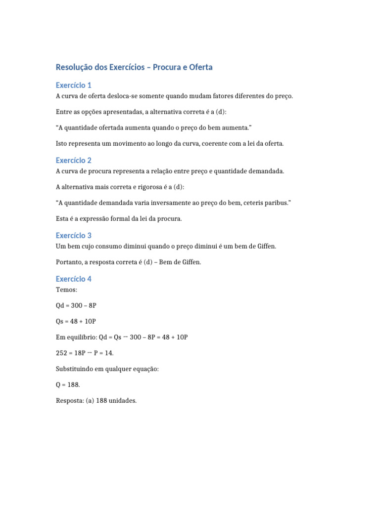Exercícios sobre Procura e Oferta Econômica | PDF
