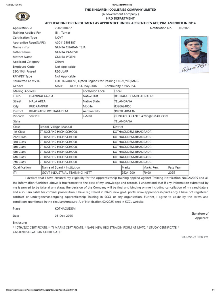 SCCL Apprentice Application Form 2025 | PDF