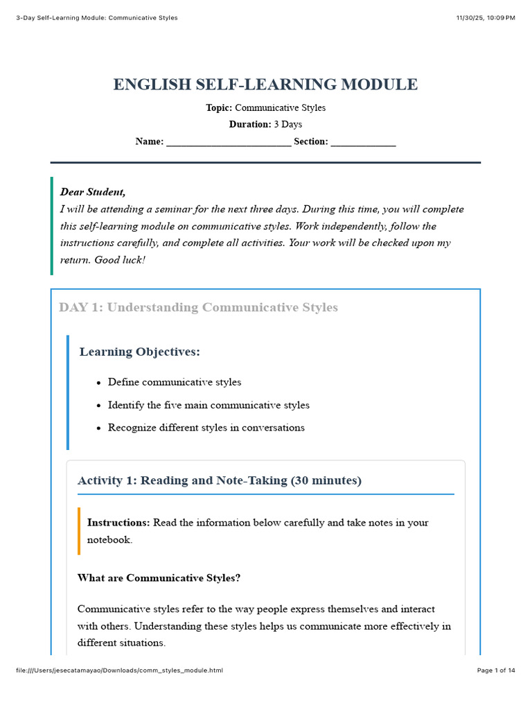 3 Day Self Learning Module Communicative Styles | PDF