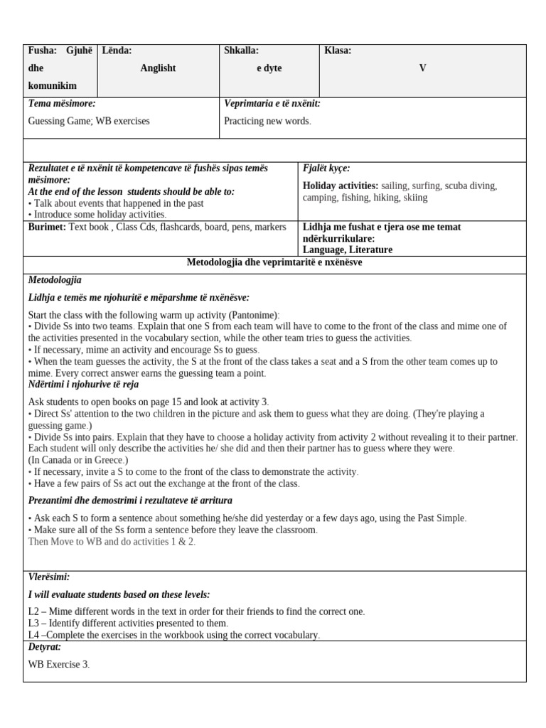 Holiday Activities Guessing Game Lesson | PDF | Language Acquisition ...