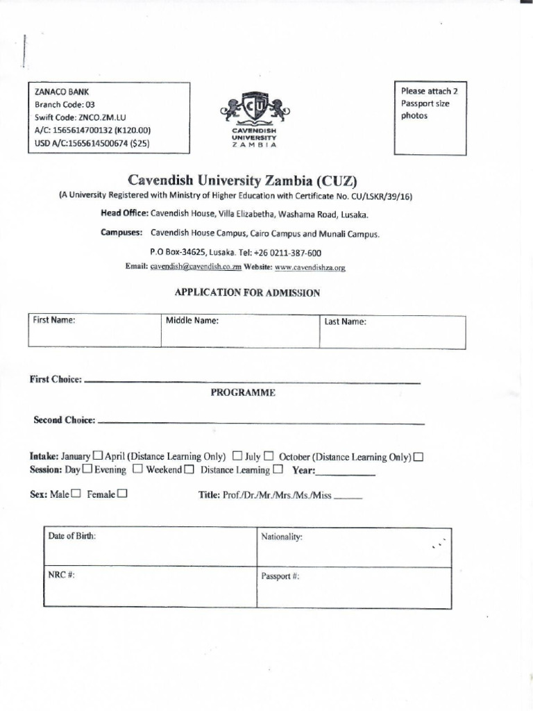 Application For Admission Form - Cuz | PDF
