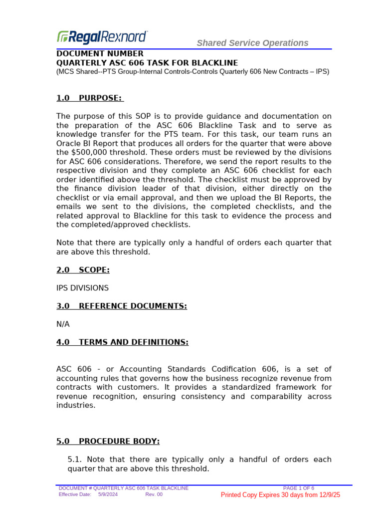 ASC 606 Quarterly Task Guide for Blackline | PDF
