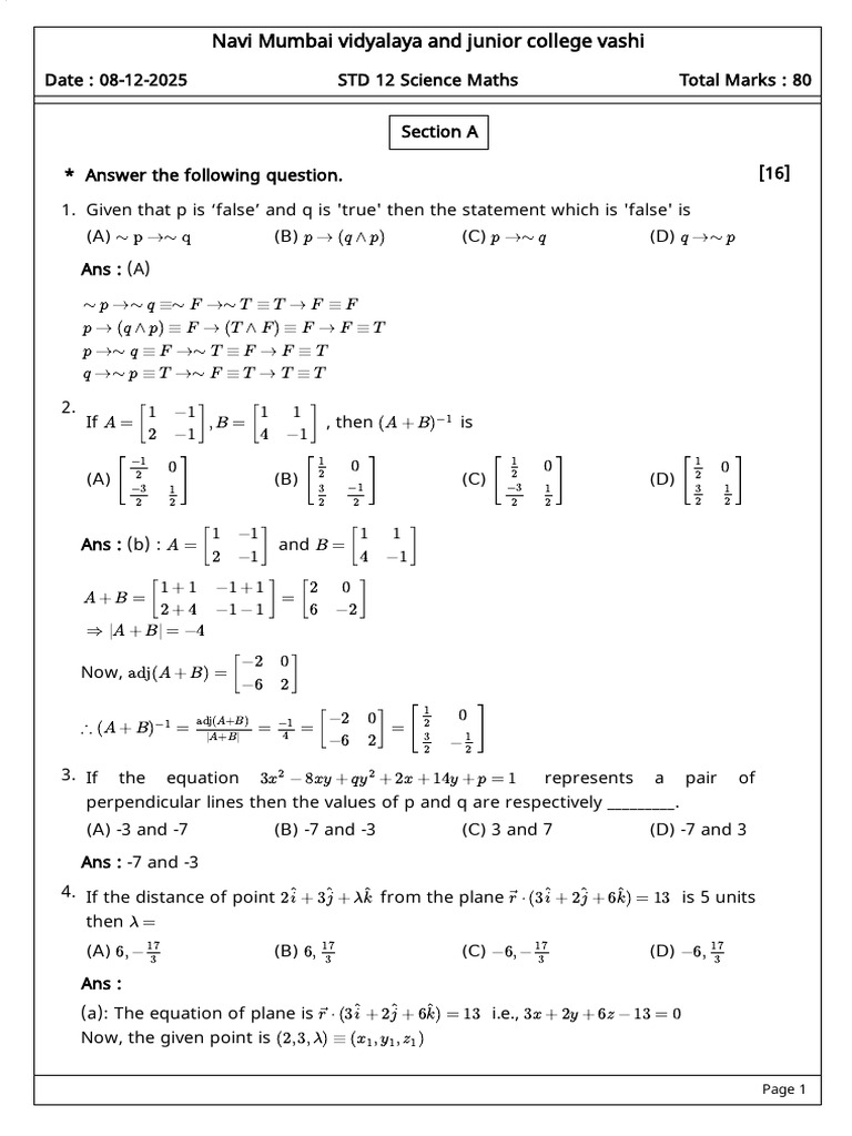 Navi Mumbai 12th Science Maths Exam Solutions | PDF | Mathematics ...