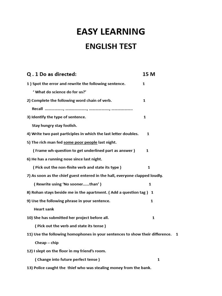 English Test: Grammar & Writing Skills | PDF | Verb | Linguistic Morphology