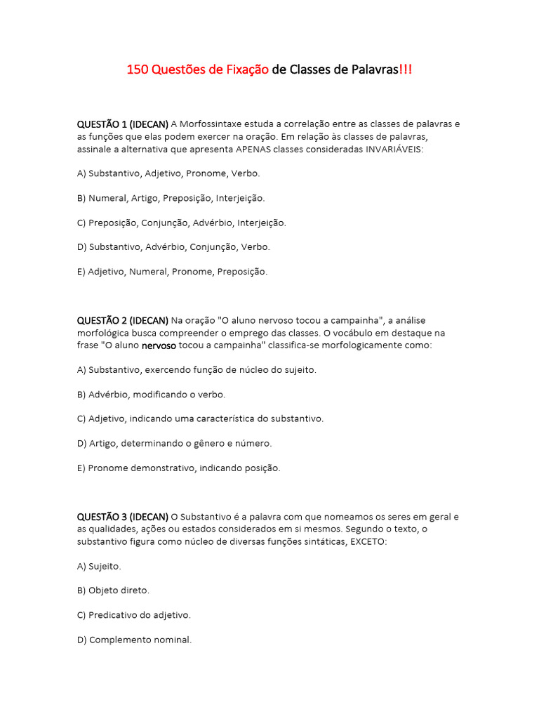 150 Questões sobre Classes de Palavras | PDF | Pronome | Substantivo